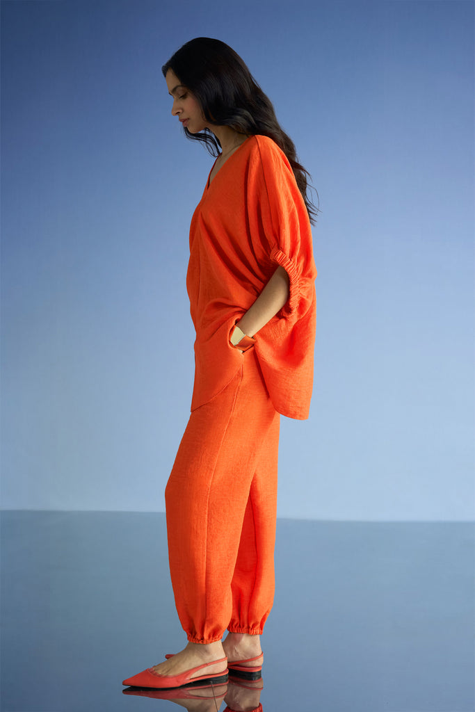 LINEN-TEXTURED LONGLINE BOXY FIT TOP & RELAXED FIT PANT SET dash and dot
