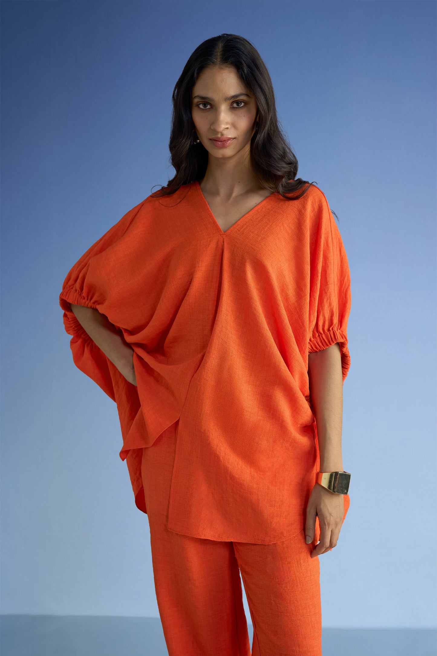 LINEN-TEXTURED LONGLINE BOXY FIT TOP & RELAXED FIT PANT SET