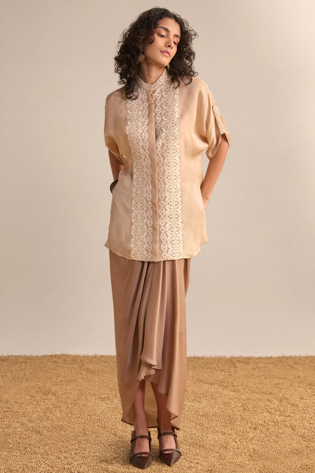 LACE EMBROIDERED SATIN TOP & DRAPED SKIRT SET