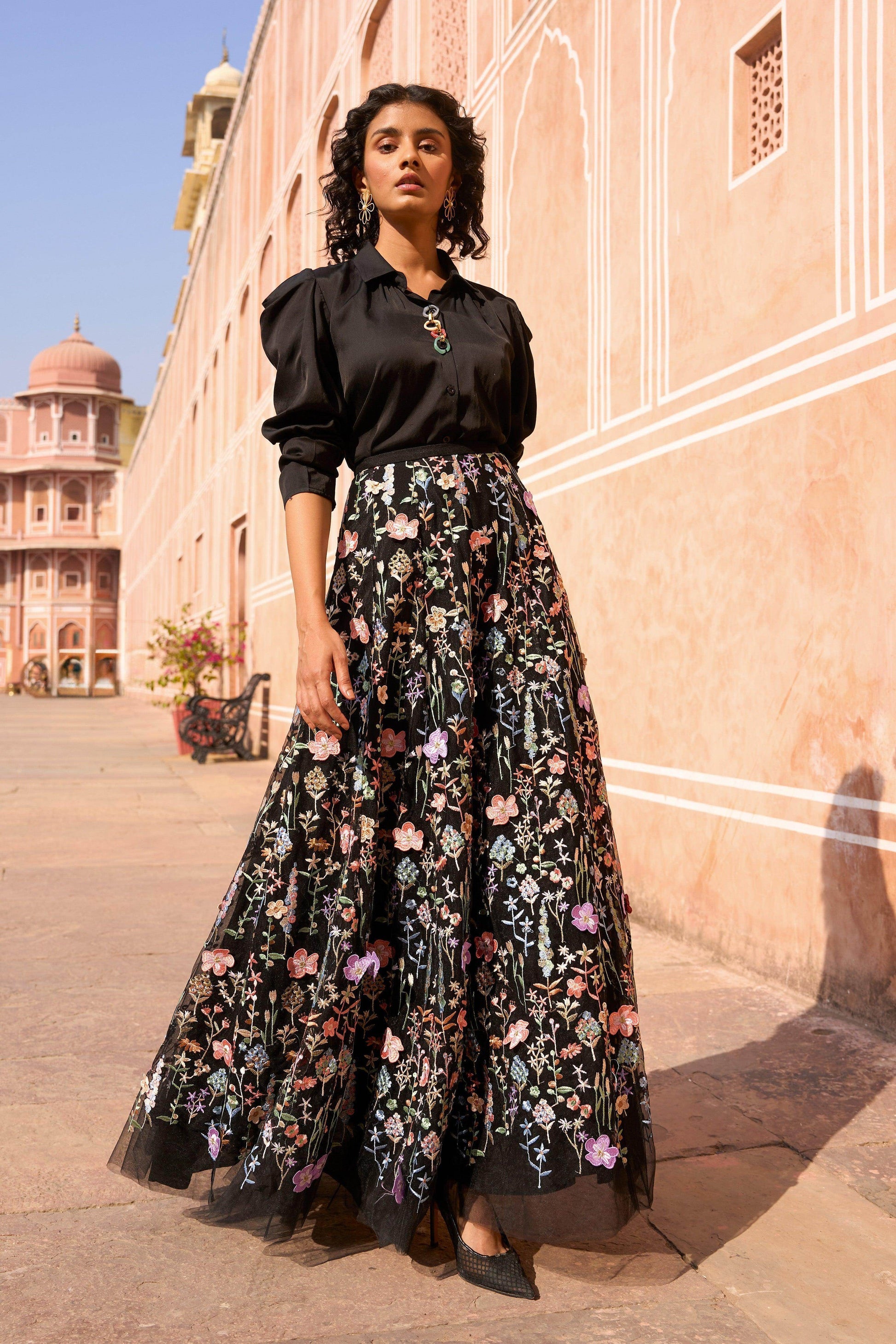 3D FLORAL MAXI SKIRT AND CHAIN NECK SHIRT - dash and dot