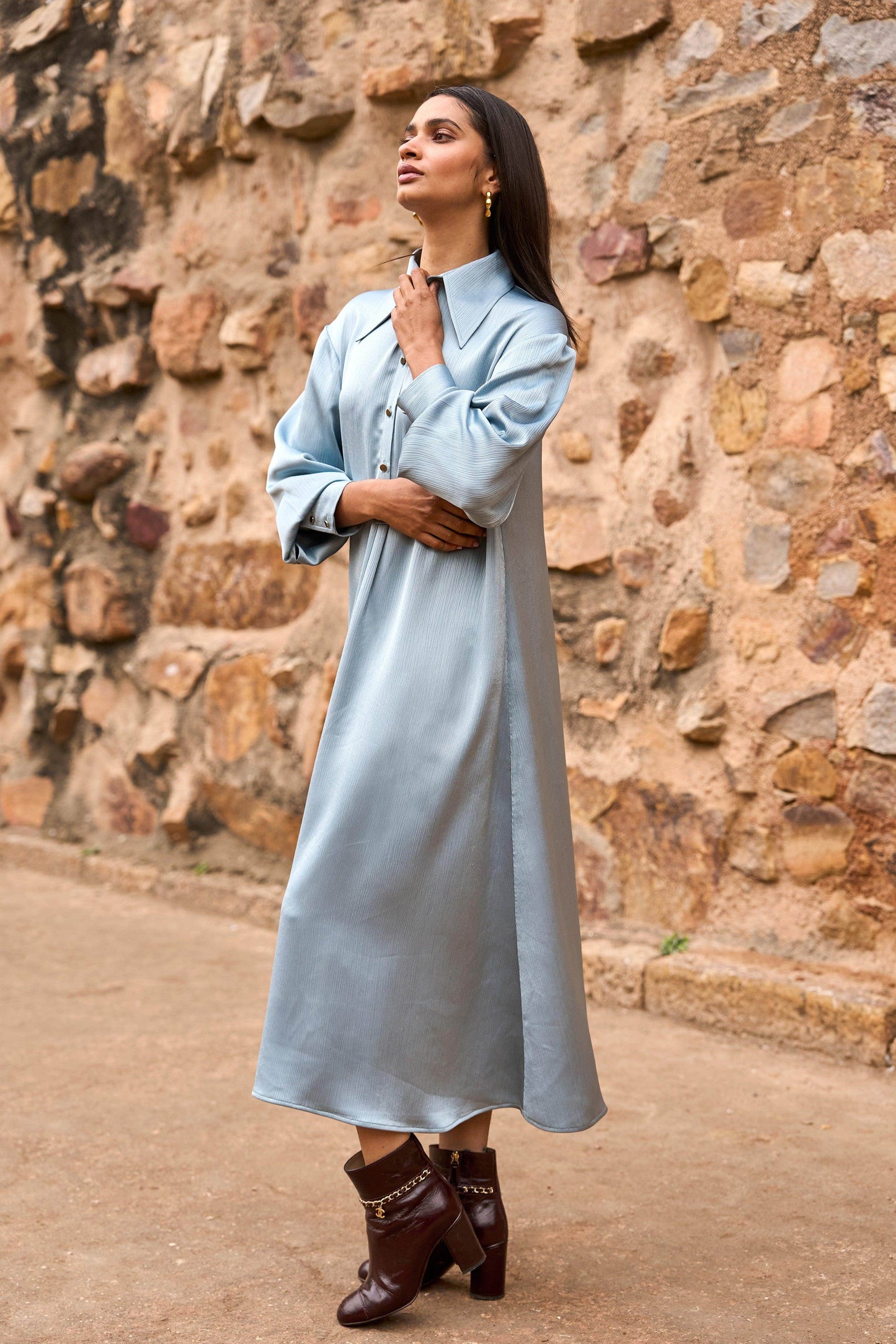 TEXTURED SATIN SHIRT DRESS - dash and dot