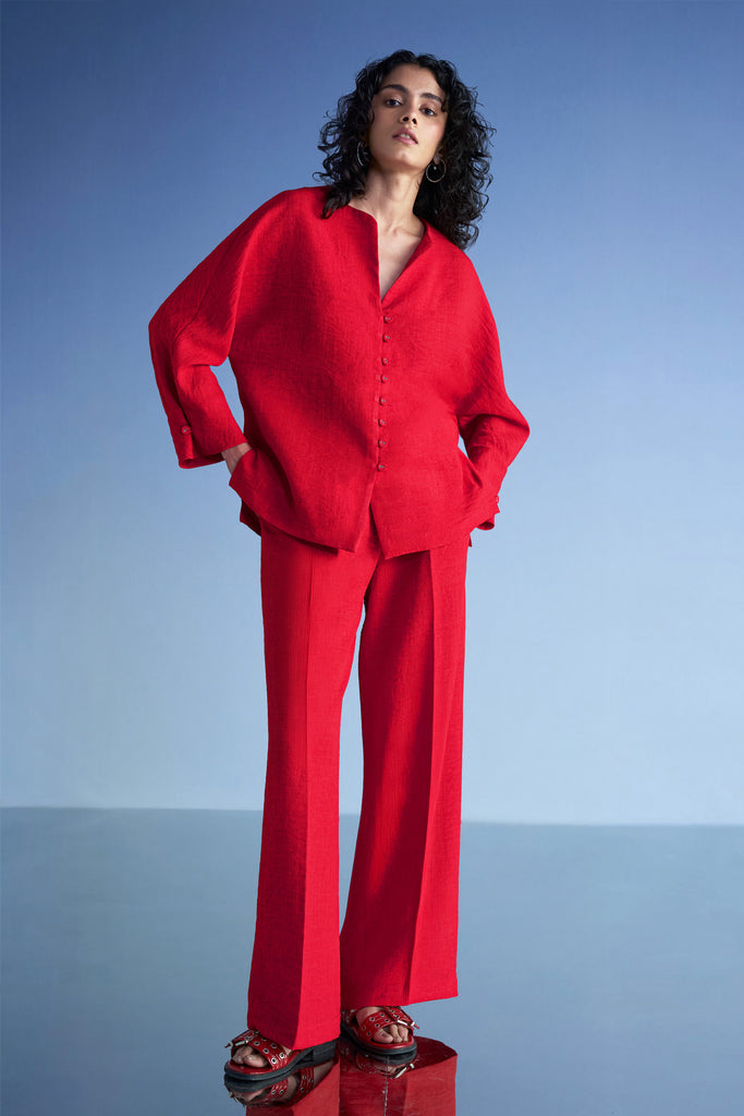 BUTTONED CUFF LINEN-TEXTURED SHIRT & WIDE-LEGGED PANT SET dash and dot