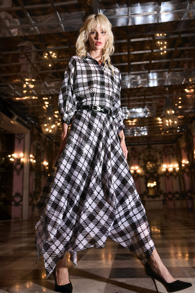 MONOCHROME SEQUIN DRAPE SHIRT & HANDKERCHIEF HEM SKIRT SET dash and dot