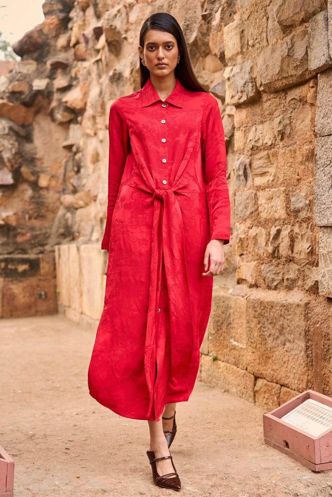 RED JACQUARD SHIRT DRESS - dash and dot dash and dot