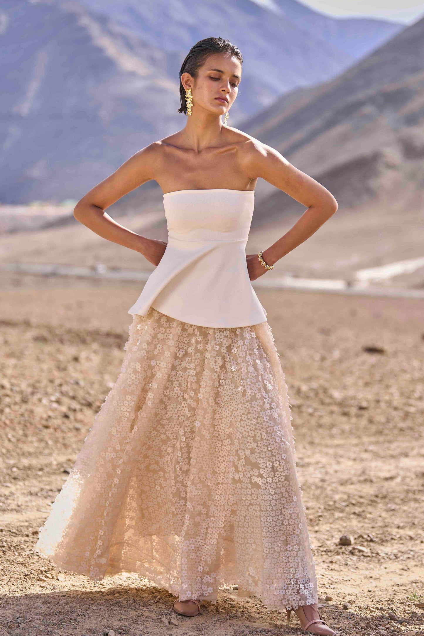 IVORY PEPLUM TOP & 3D FLORAL SEQUIN SKIRT - dash and dot