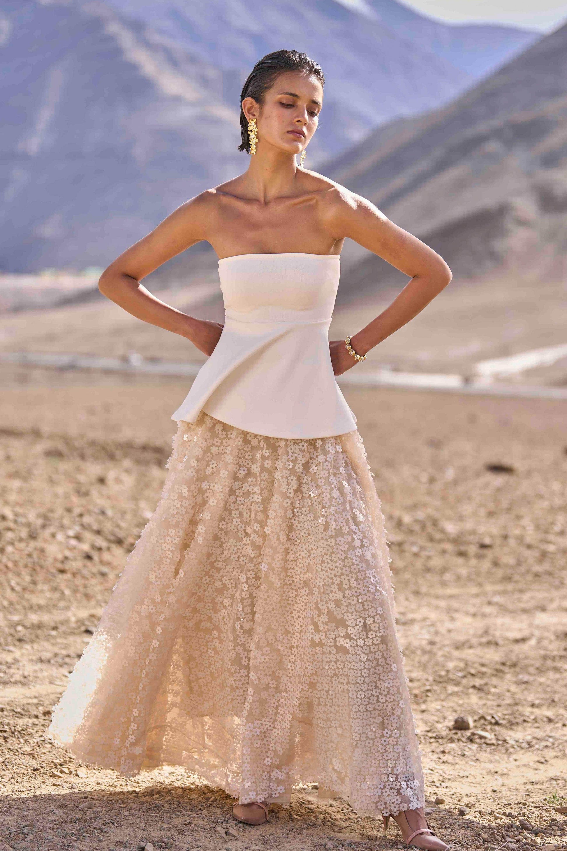 IVORY PEPLUM TOP & 3D FLORAL SEQUIN SKIRT - dash and dot