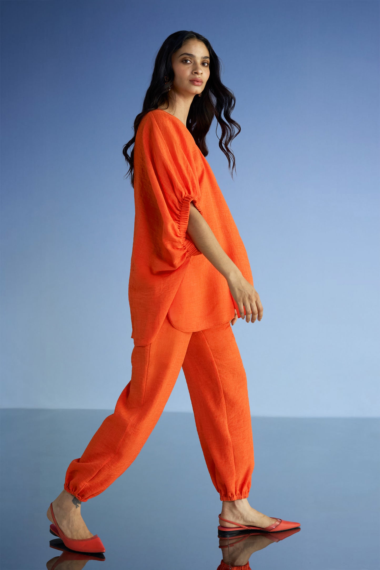 LINEN-TEXTURED LONGLINE BOXY FIT TOP & RELAXED FIT PANT SET