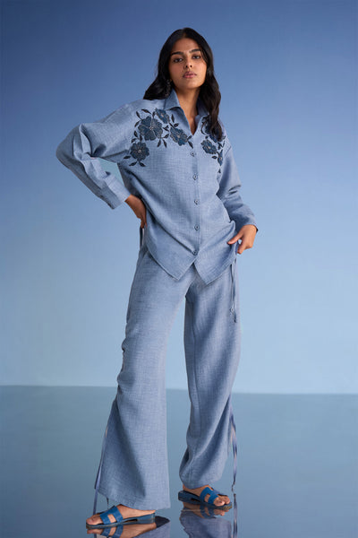 BEADED LINEN-TEXTURED SHIRT & WIDE-LEGGED PANT SET