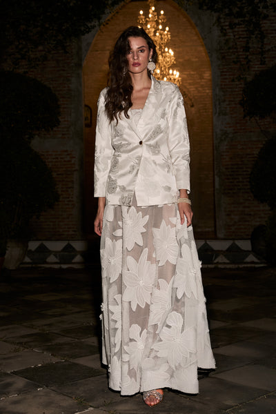 JACQUARD BLAZER & FLORAL LACE APPLIQUÉ MAXI SKIRT