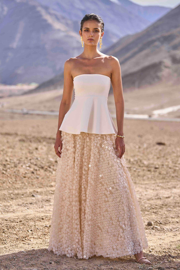 IVORY PEPLUM TOP & 3D FLORAL SEQUIN SKIRT - dash and dot dash and dot