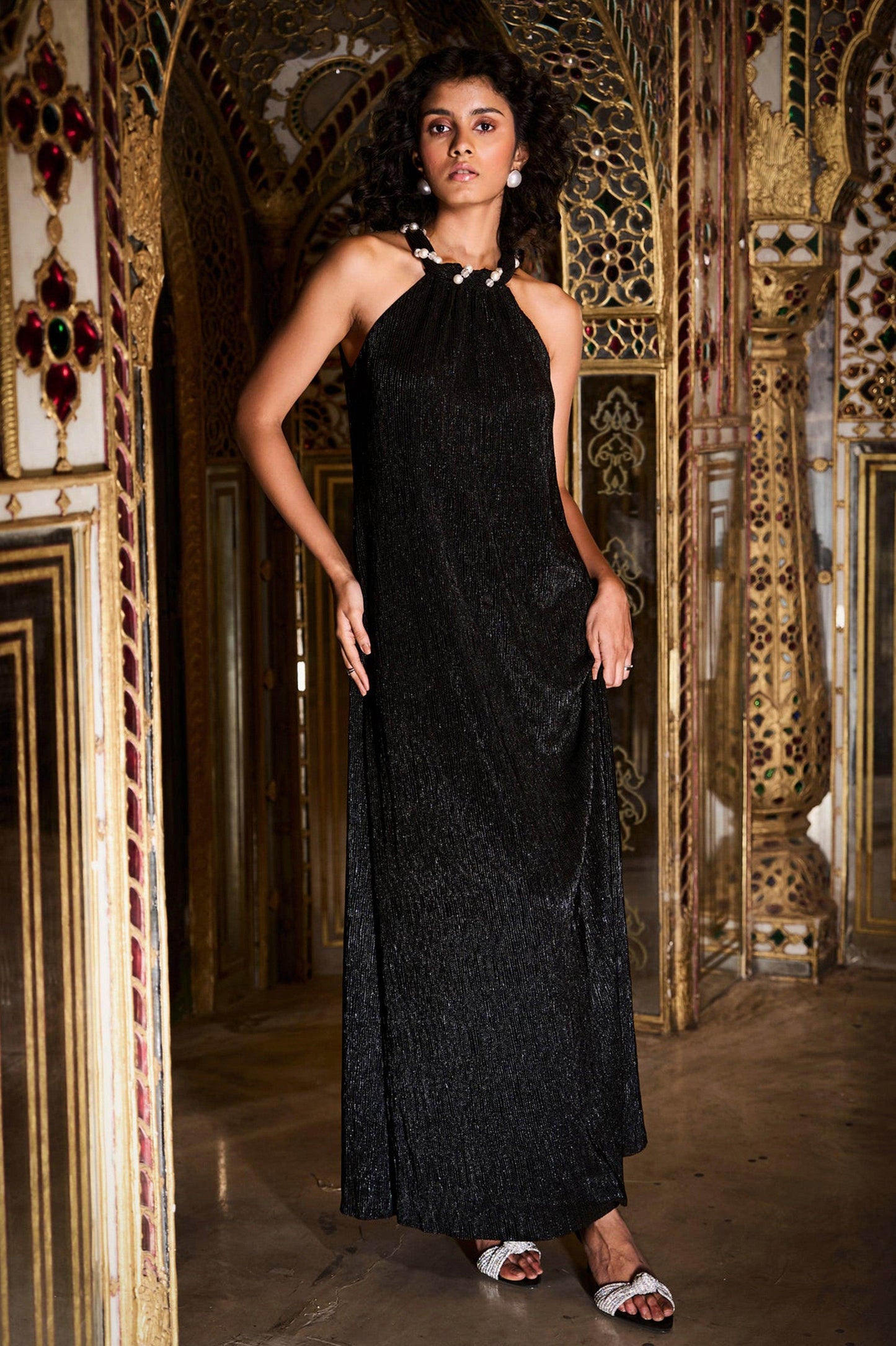 PLEATED PEARL NECK DRESS - dash and dot