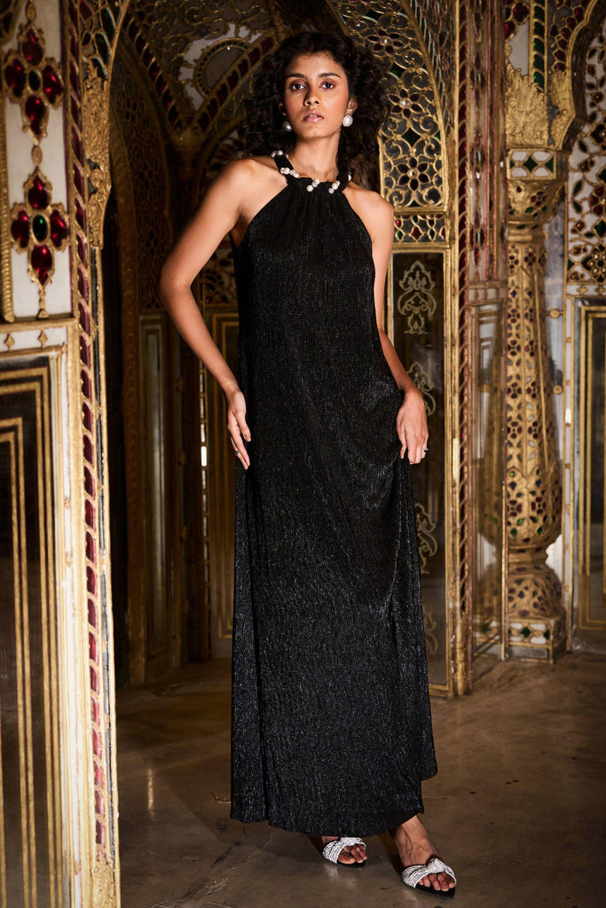 PLEATED PEARL NECK DRESS - dash and dot dash and dot