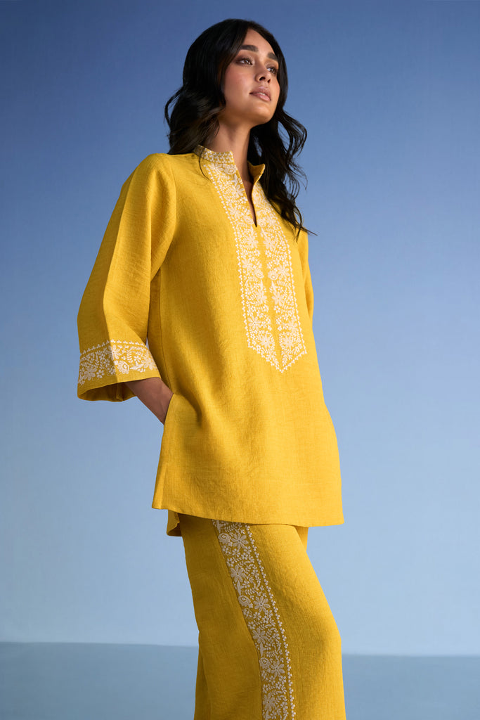 EMBROIDERED LINEN-TEXTURED LONGLINE TOP & WIDE-LEGGED PANT SET dash and dot