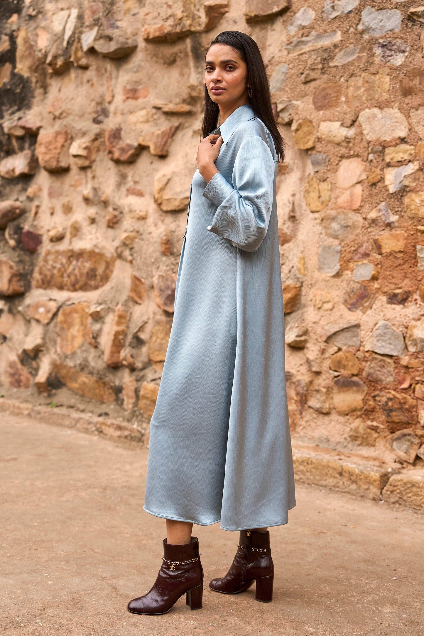 TEXTURED SATIN SHIRT DRESS - dash and dot