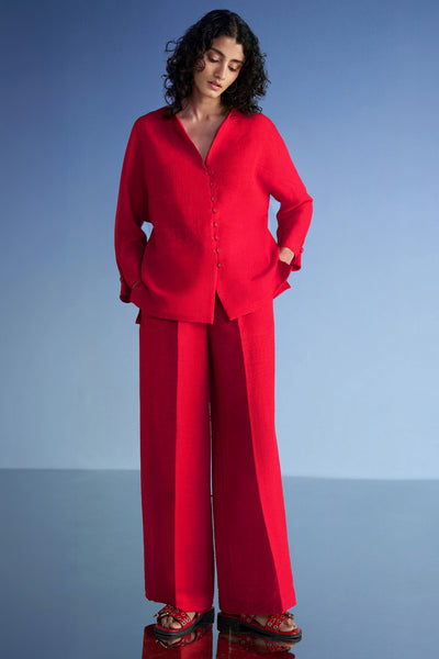 BUTTONED CUFF LINEN-TEXTURED SHIRT & WIDE-LEGGED PANT SET