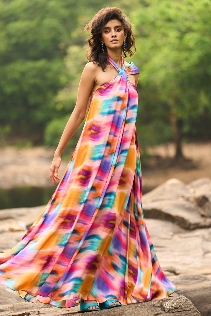 PRINTED HALTER FLARED DRESS - dash and dot dash and dot