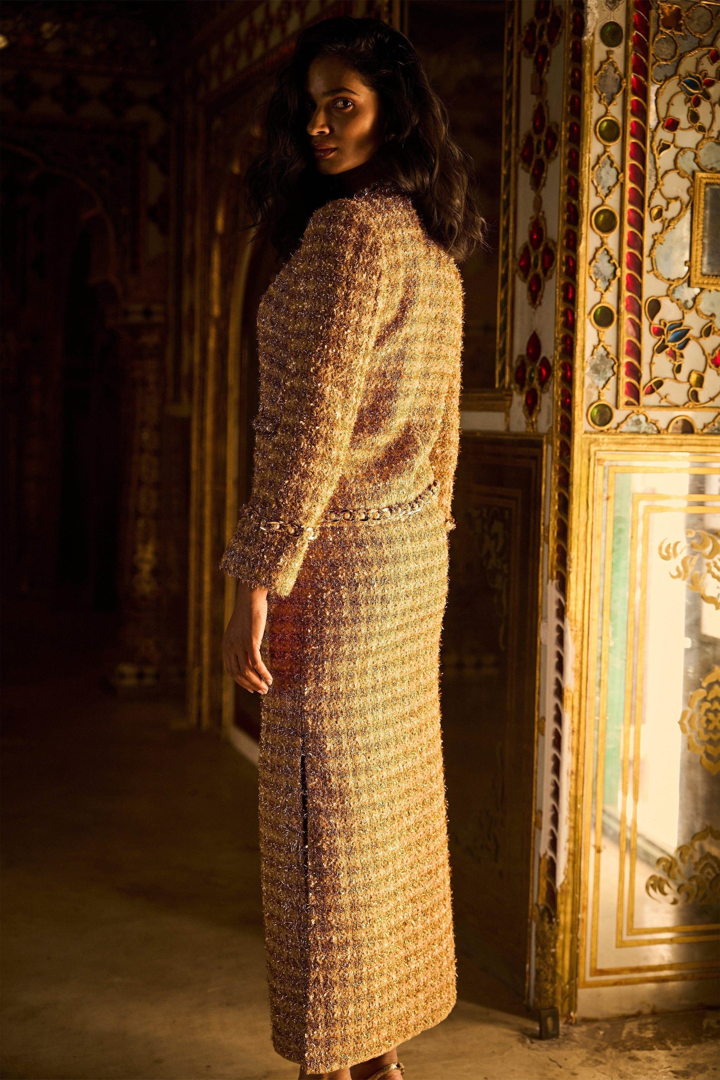 GOLD BOUCLÉ JACKET AND SKIRT - dash and dot