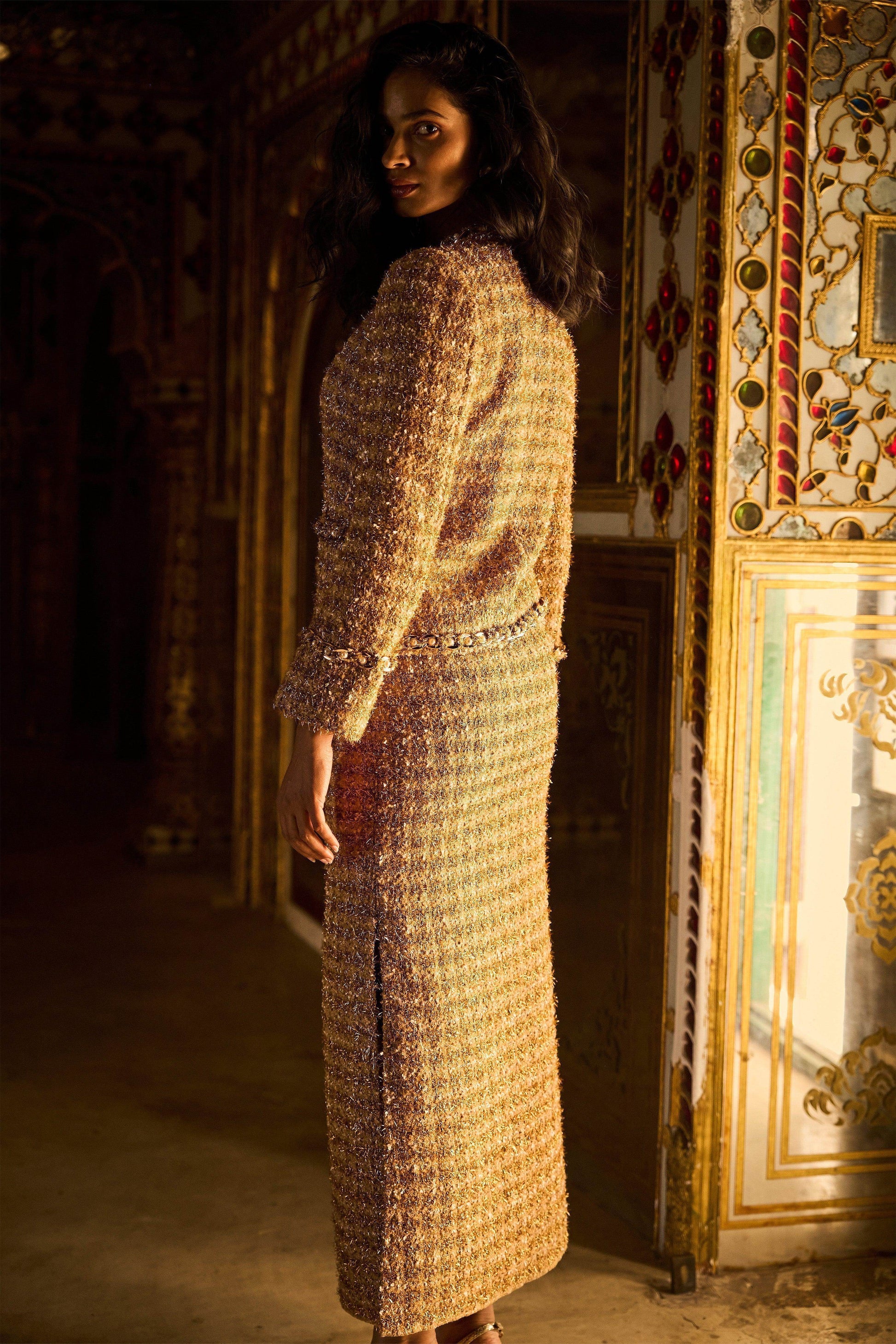 GOLD BOUCLÉ JACKET AND SKIRT - dash and dot