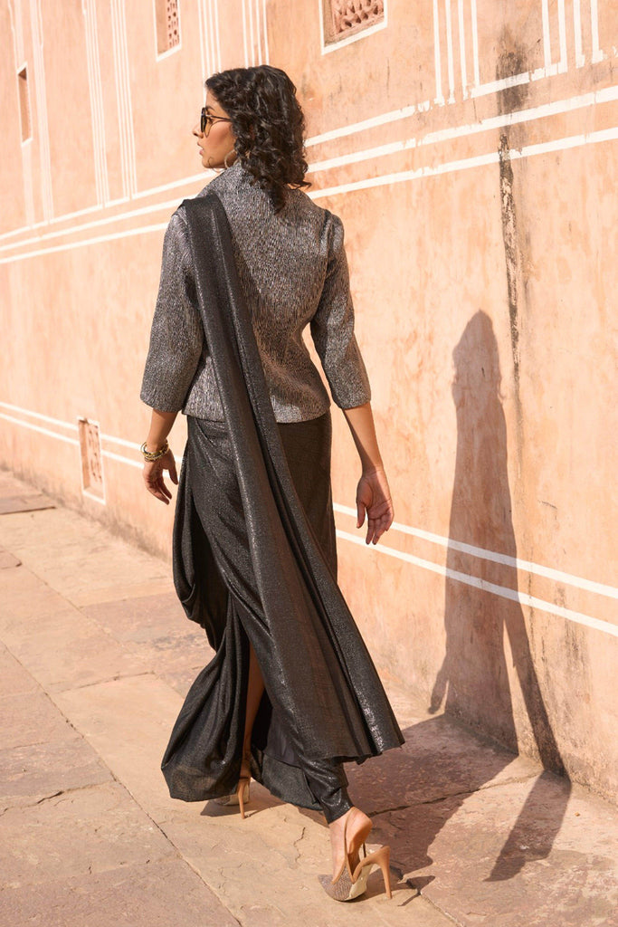 PLEATED METALLIC BLAZER TOP AND BLACK SARI DRAPE SKIRT - dash and dot dash and dot