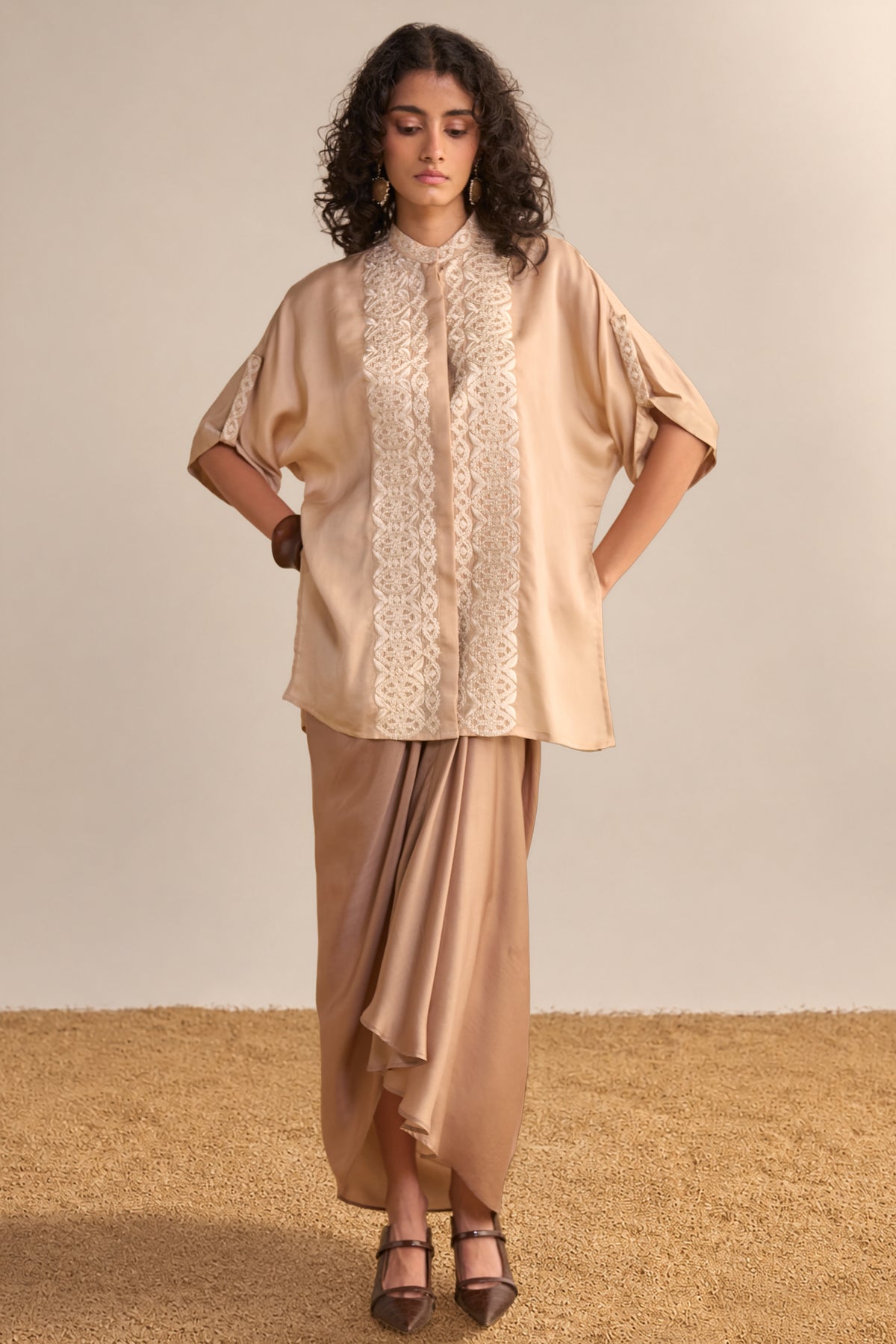 LACE EMBROIDERED SATIN TOP