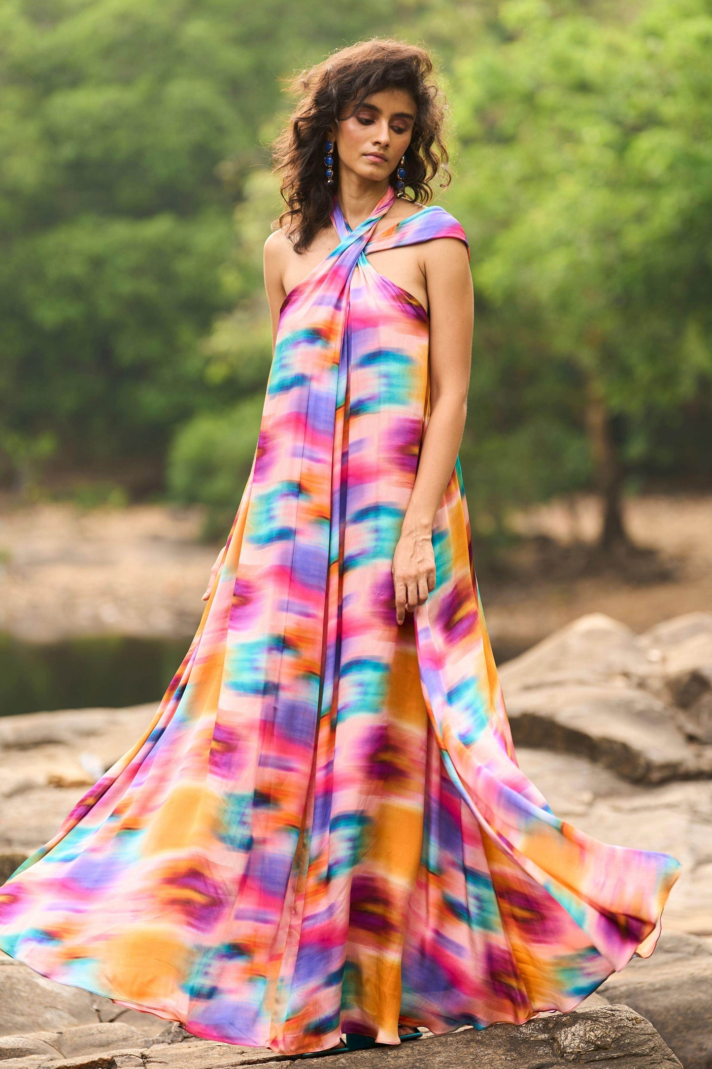 PRINTED HALTER FLARED DRESS - dash and dot