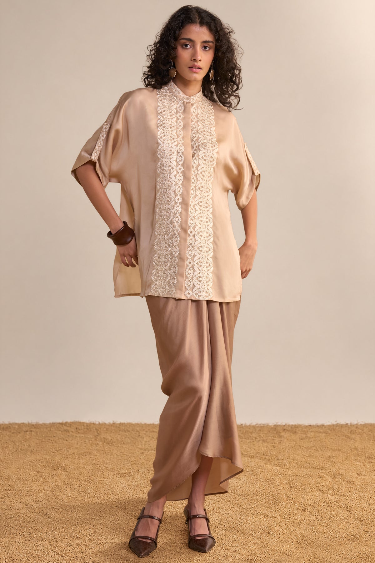 LACE EMBROIDERED SATIN TOP