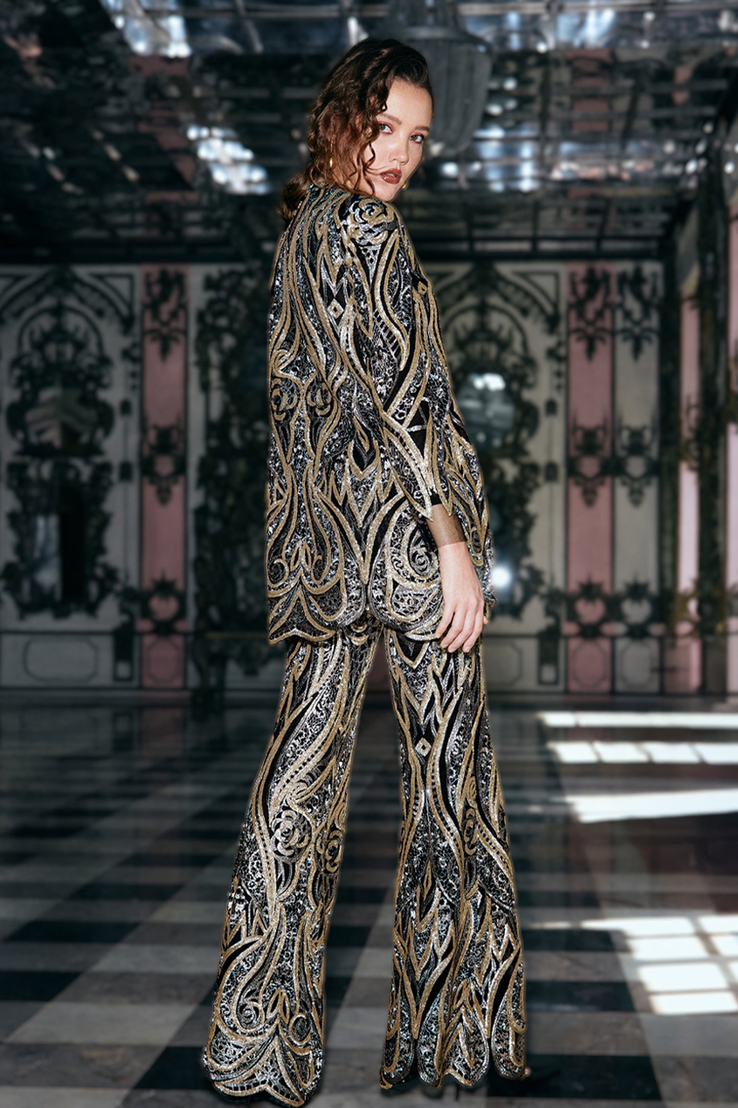 GOLD EMBROIDERED FLARED PANT SET