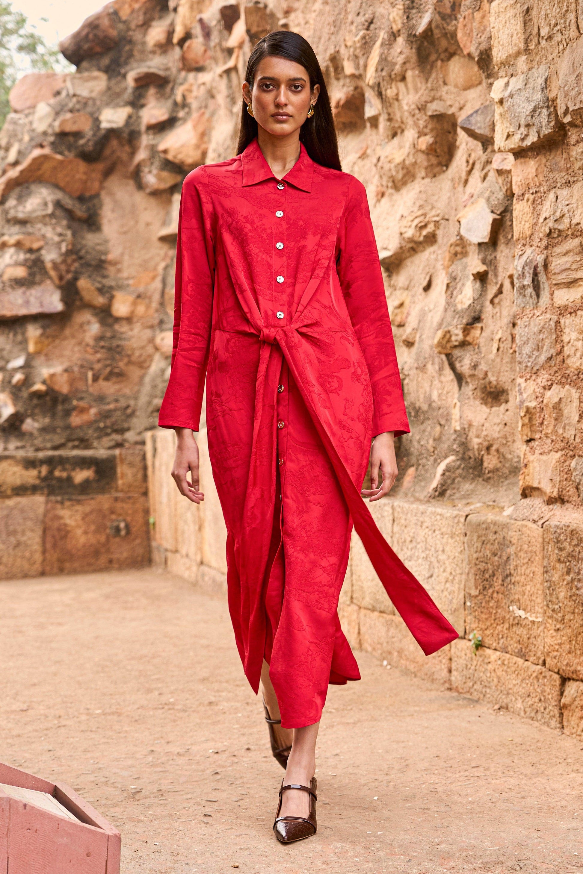 RED JACQUARD SHIRT DRESS - dash and dot
