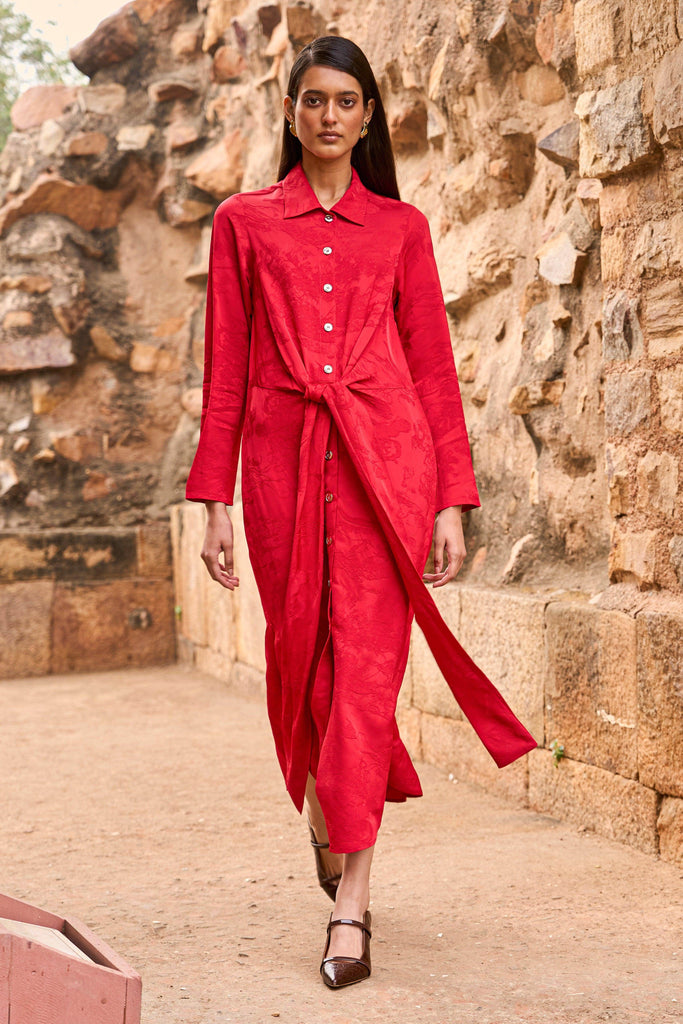 RED JACQUARD SHIRT DRESS - dash and dot dash and dot