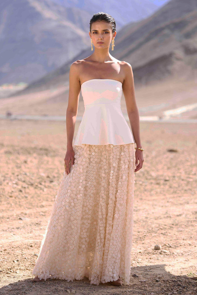 IVORY PEPLUM TOP & 3D FLORAL SEQUIN SKIRT - dash and dot dash and dot