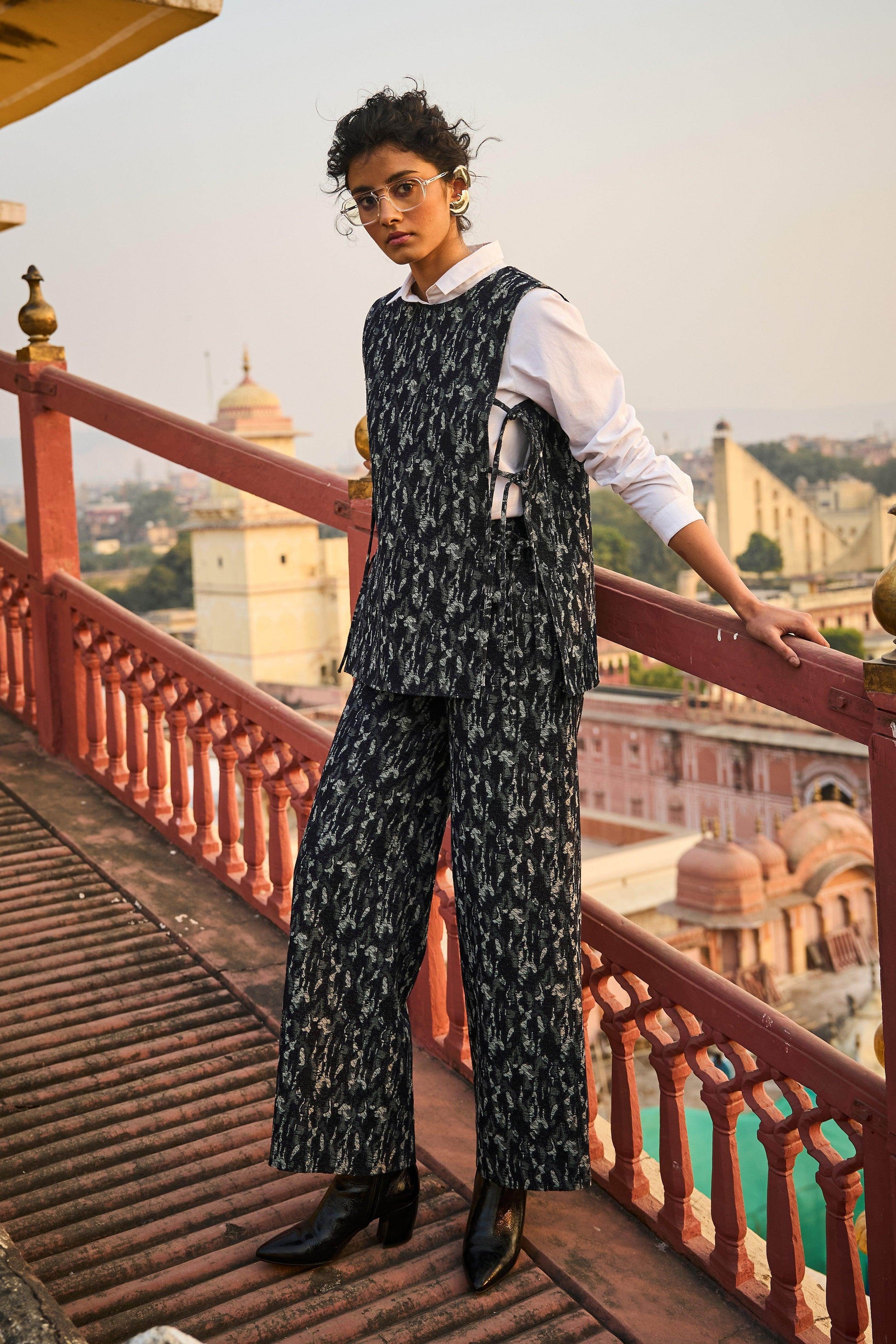 DENIM JACQUARD OVERLAY AND PANT SET - dash and dot