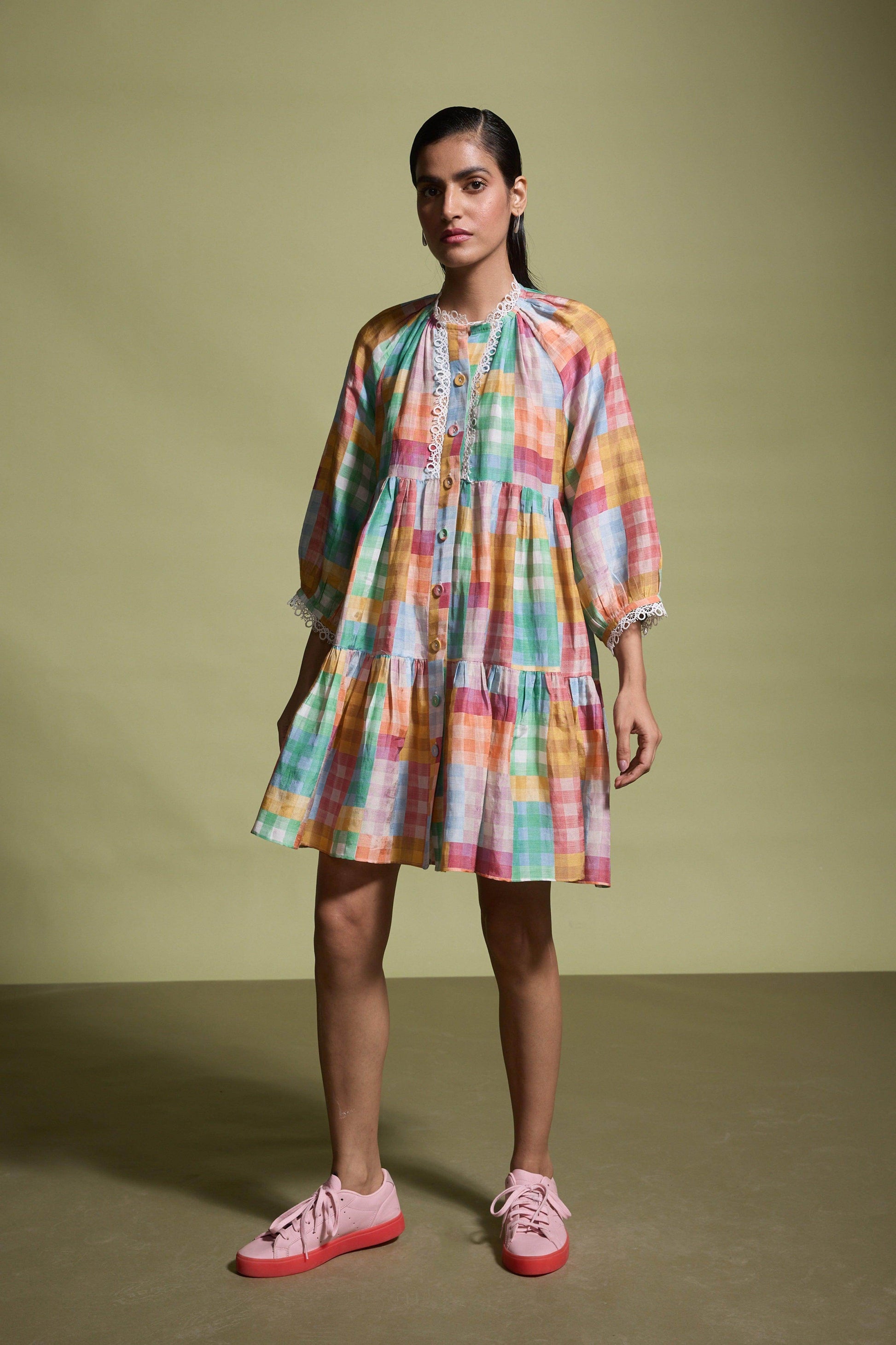 MULTICOLOUR CHECK TIERED MIDI DRESS - dash and dot