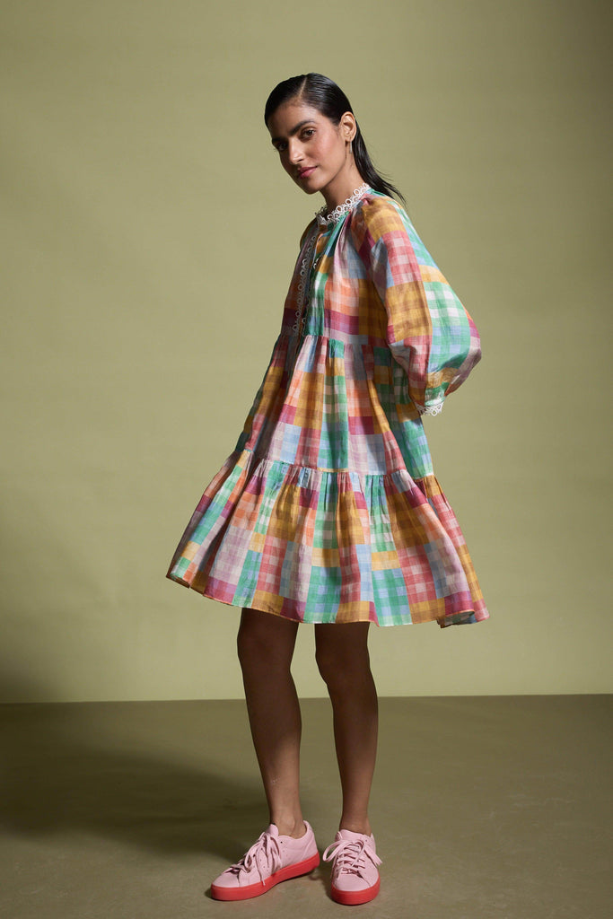 MULTICOLOUR CHECK TIERED MIDI DRESS - dash and dot dash and dot