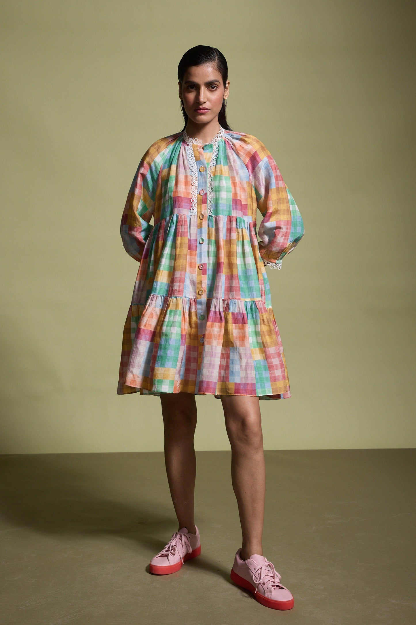 MULTICOLOUR CHECK TIERED MIDI DRESS - dash and dot