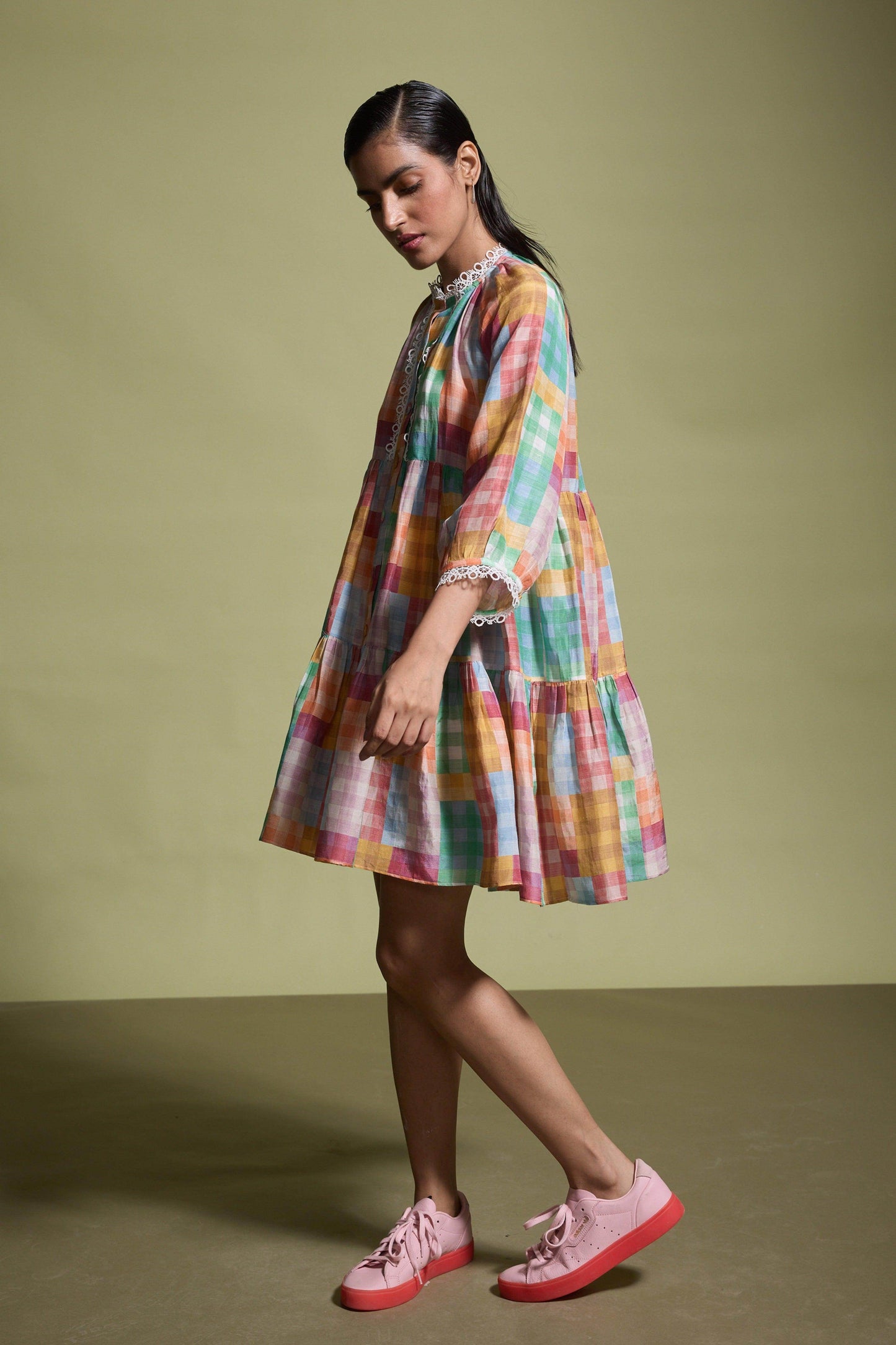 MULTICOLOUR CHECK TIERED MIDI DRESS - dash and dot