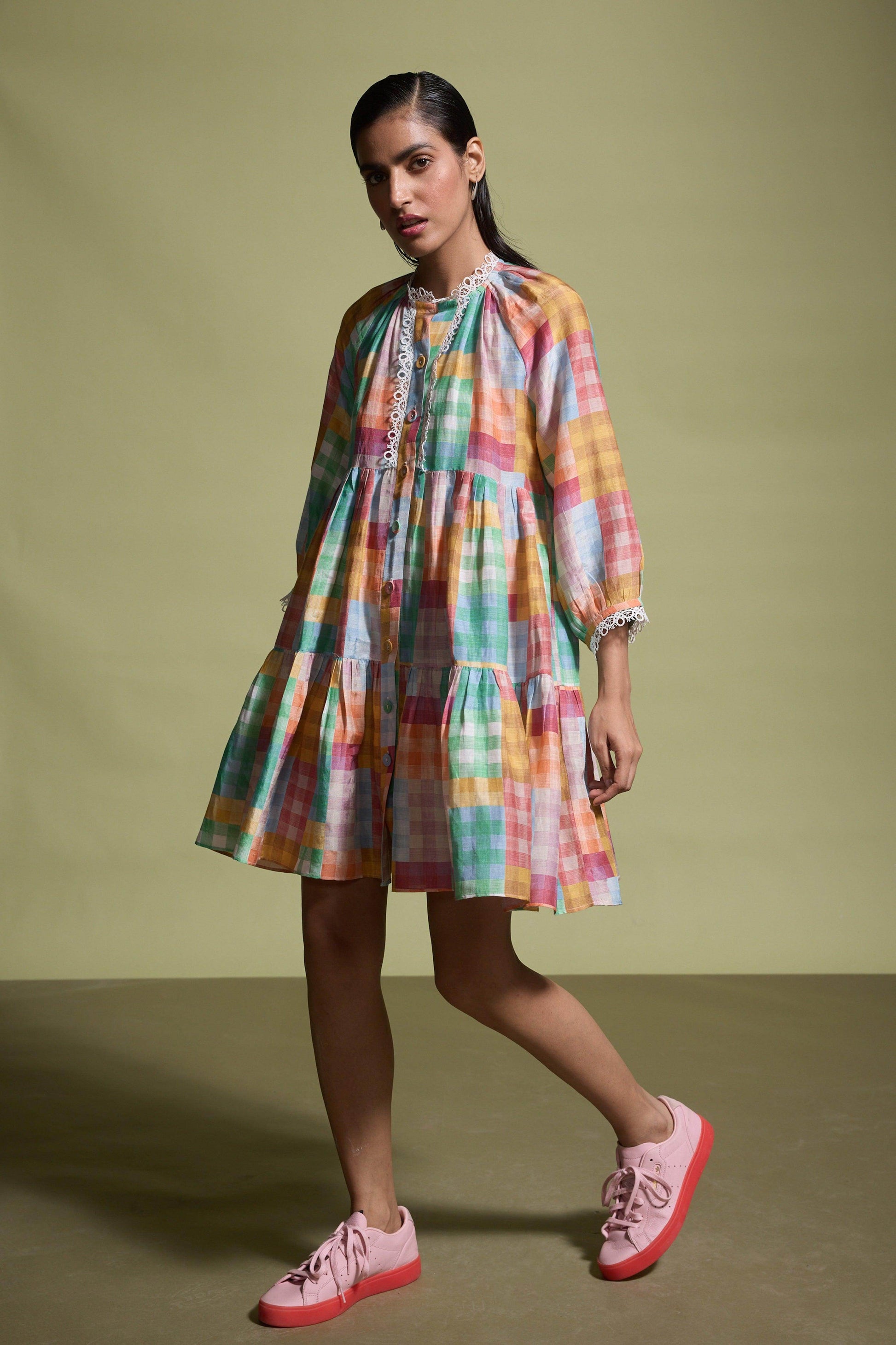 MULTICOLOUR CHECK TIERED MIDI DRESS - dash and dot