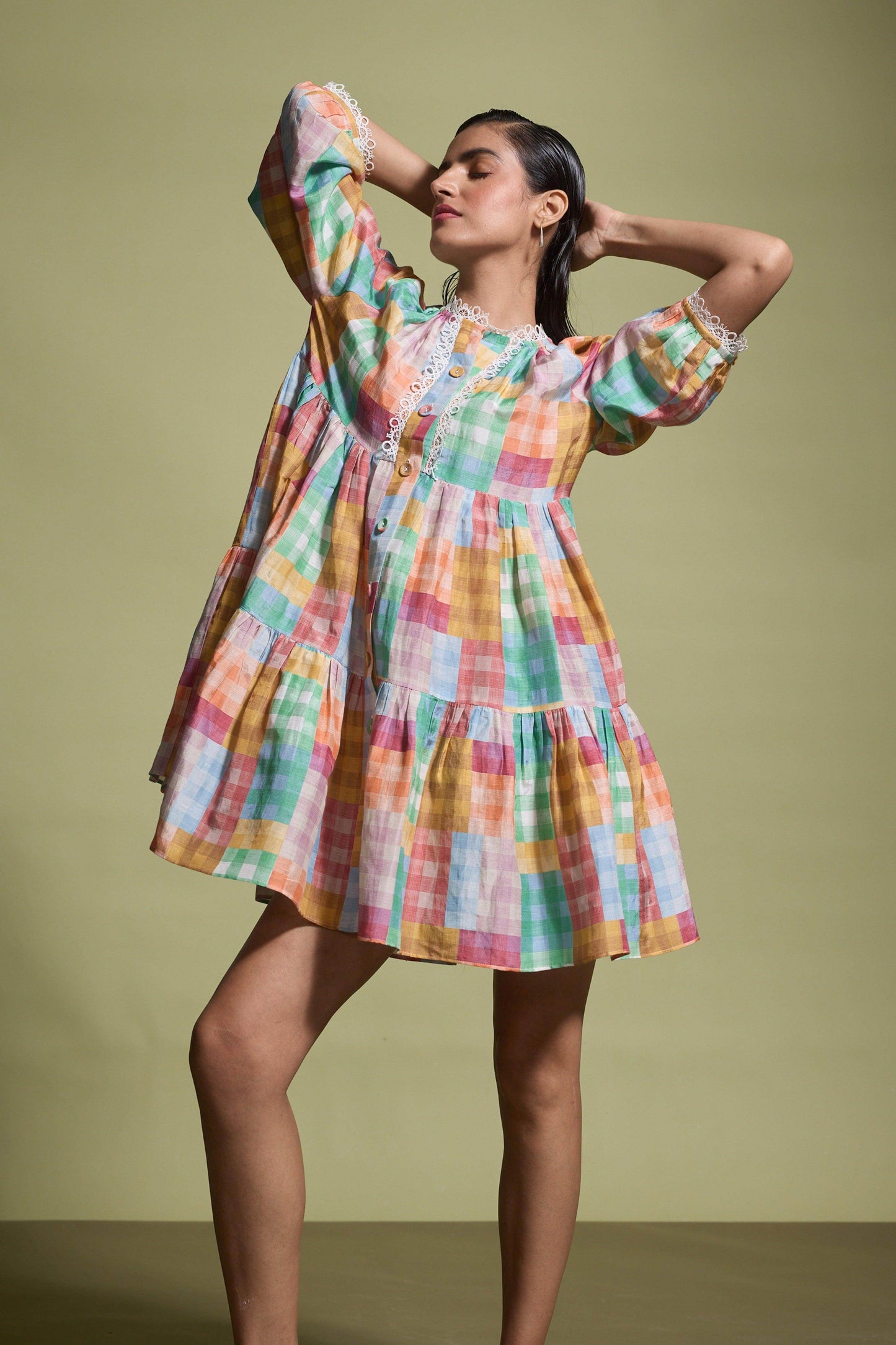 MULTICOLOUR CHECK TIERED MIDI DRESS - dash and dot