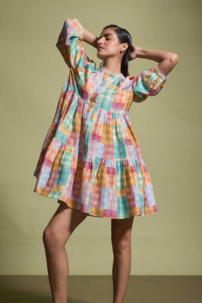 MULTICOLOUR CHECK TIERED MIDI DRESS - dash and dot dash and dot