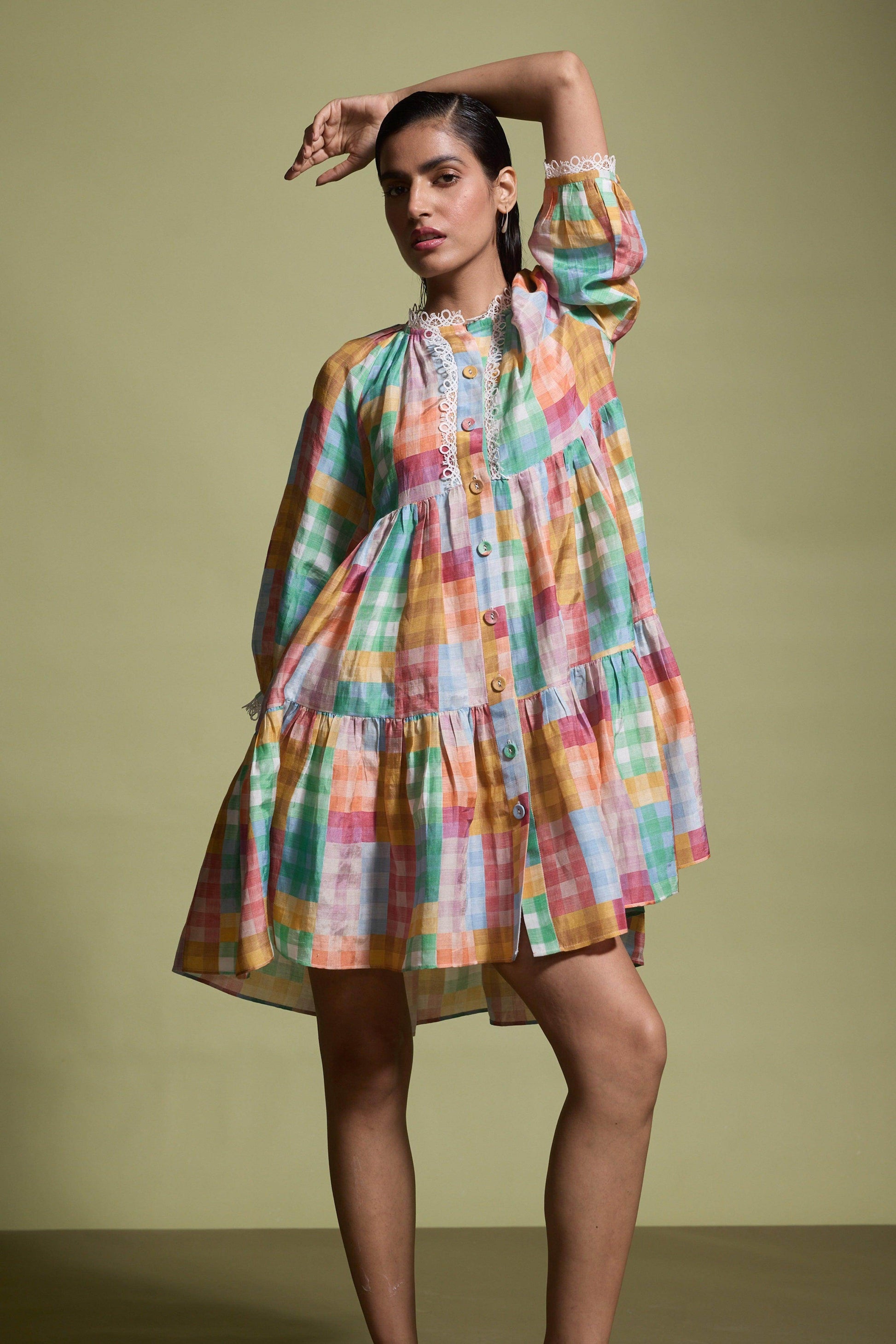 MULTICOLOUR CHECK TIERED MIDI DRESS - dash and dot