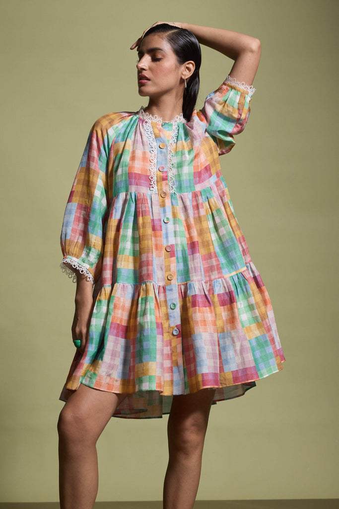 MULTICOLOUR CHECK TIERED MIDI DRESS - dash and dot dash and dot