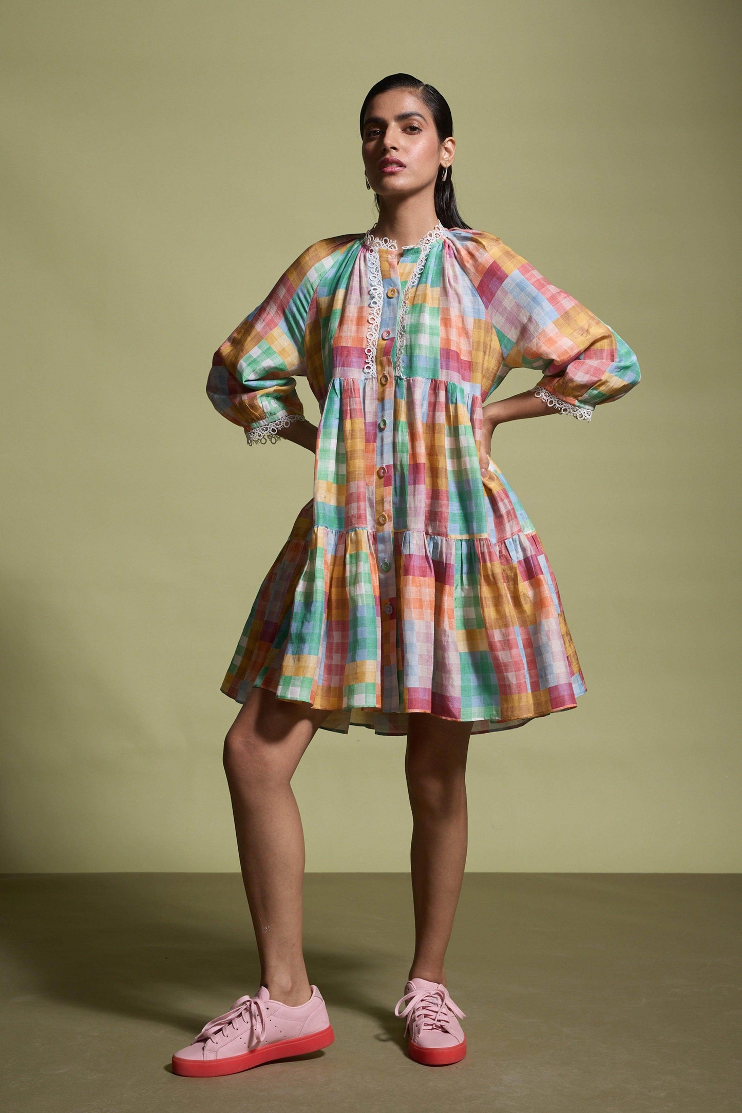 MULTICOLOUR CHECK TIERED MIDI DRESS - dash and dot
