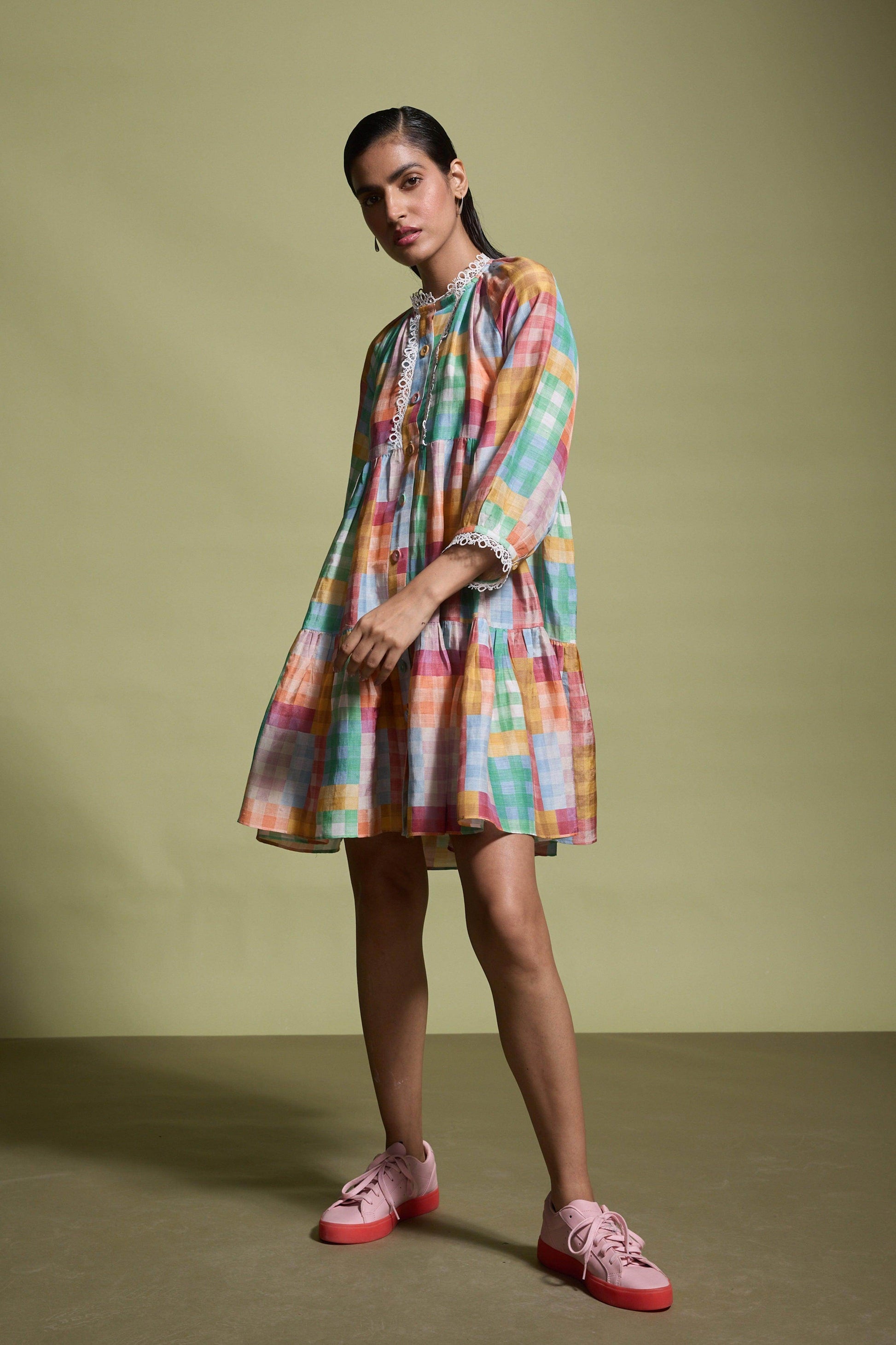 MULTICOLOUR CHECK TIERED MIDI DRESS - dash and dot