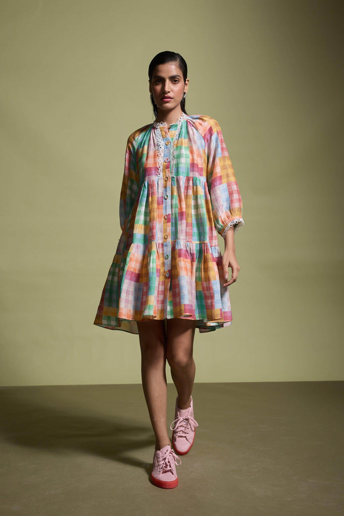 MULTICOLOUR CHECK TIERED MIDI DRESS - dash and dot dash and dot