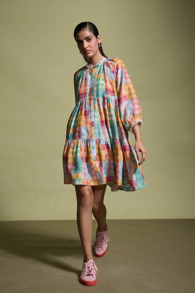 MULTICOLOUR CHECK TIERED MIDI DRESS - dash and dot dash and dot