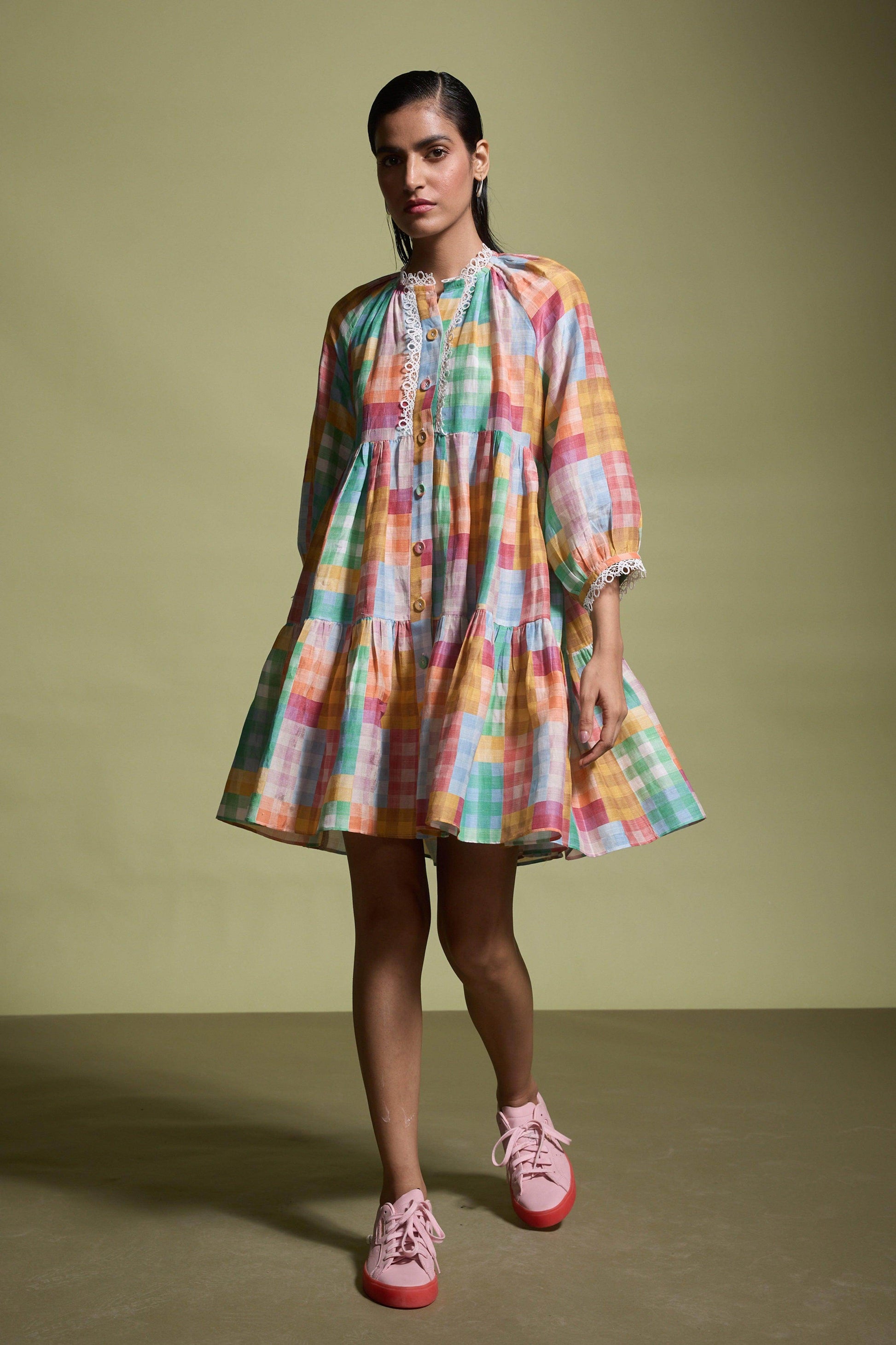 MULTICOLOUR CHECK TIERED MIDI DRESS - dash and dot