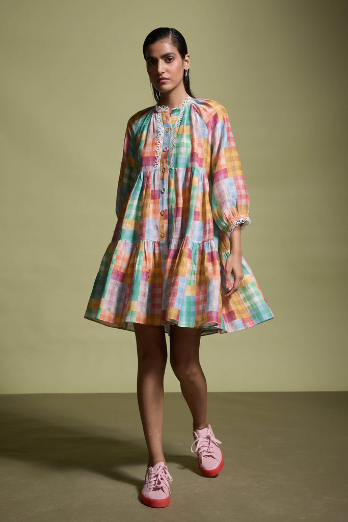 MULTICOLOUR CHECK TIERED MIDI DRESS - dash and dot dash and dot