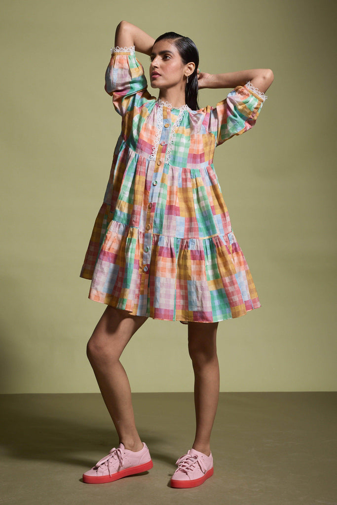 MULTICOLOUR CHECK TIERED MIDI DRESS - dash and dot dash and dot
