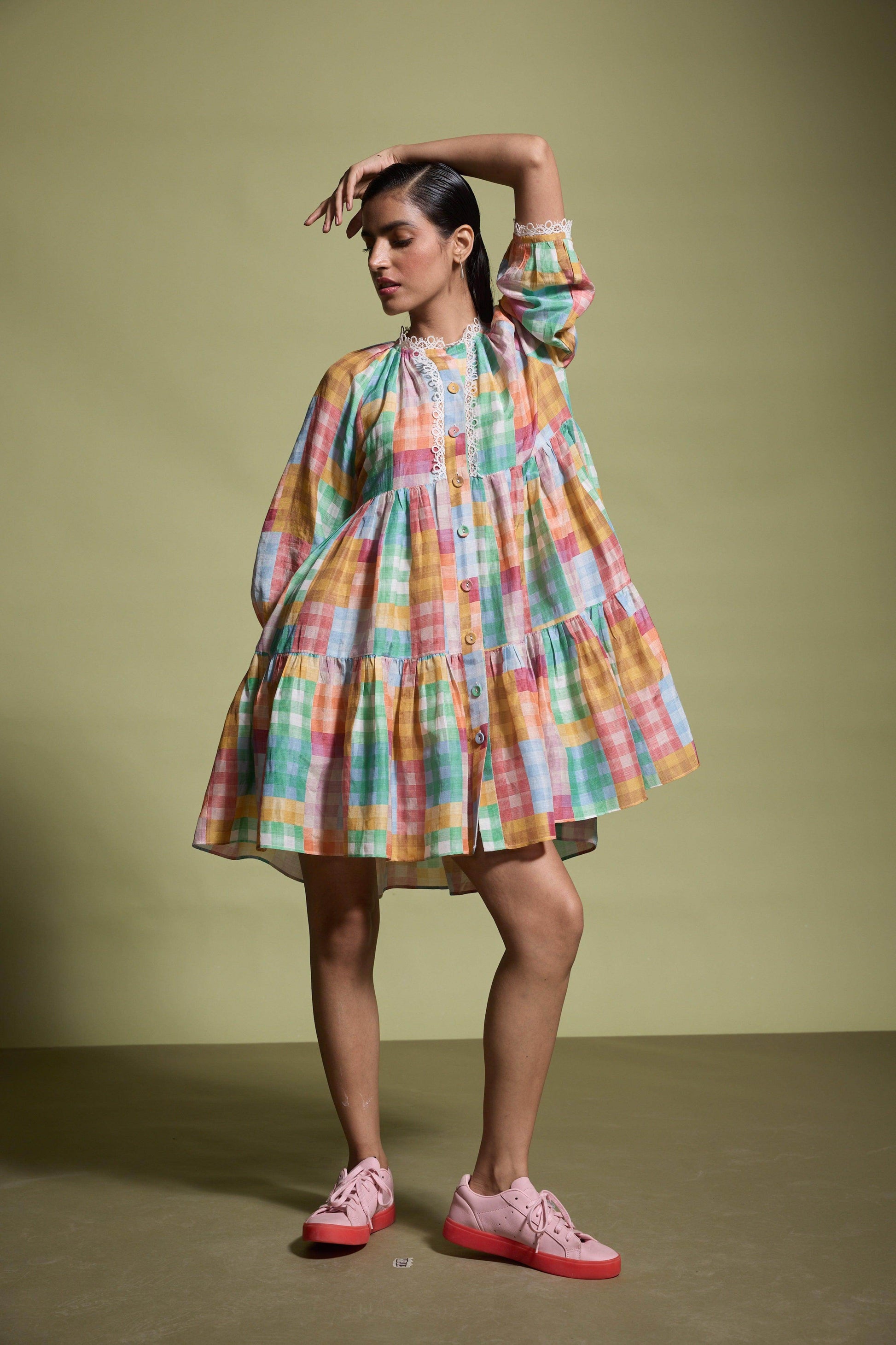 MULTICOLOUR CHECK TIERED MIDI DRESS - dash and dot