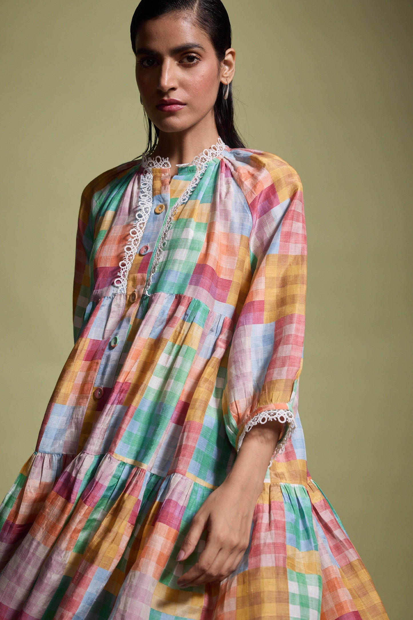 MULTICOLOUR CHECK TIERED MIDI DRESS - dash and dot