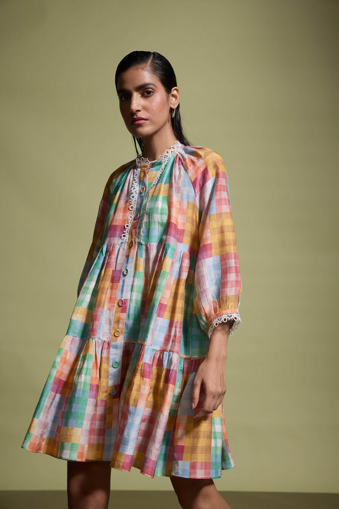 MULTICOLOUR CHECK TIERED MIDI DRESS - dash and dot dash and dot